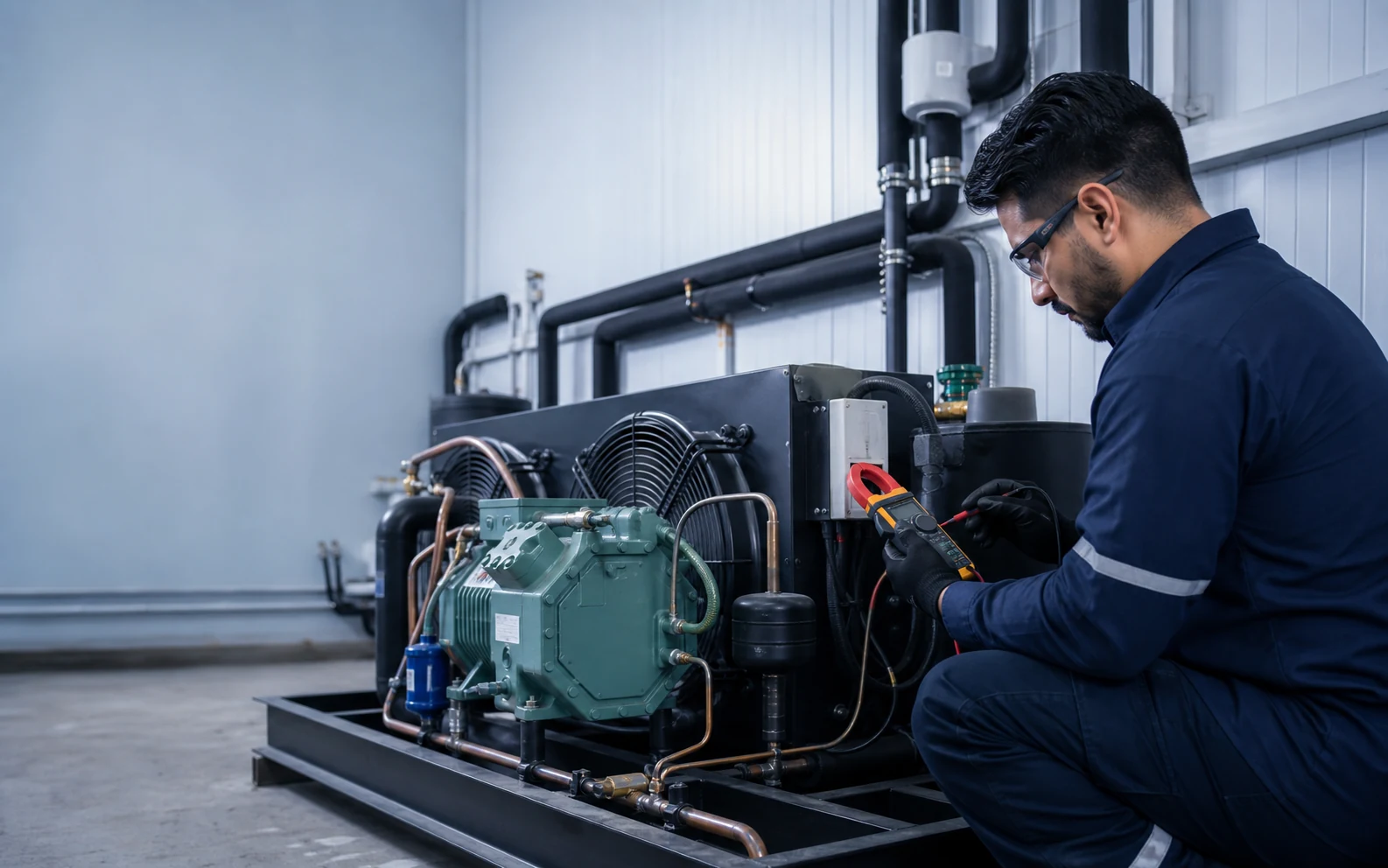 Técnico inspeccionando una unidad condensadora de refrigeración comercial